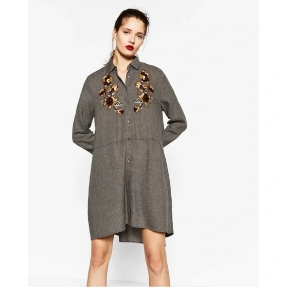 Zara Embroidered Swing Tunic Shirt Dress Size Large Grey Flannel Fall Shacket - Picture 1 of 15